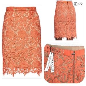 NWT 0 2  Alice + Olivia Farrel Lace Orange Coral Pencil Skirt